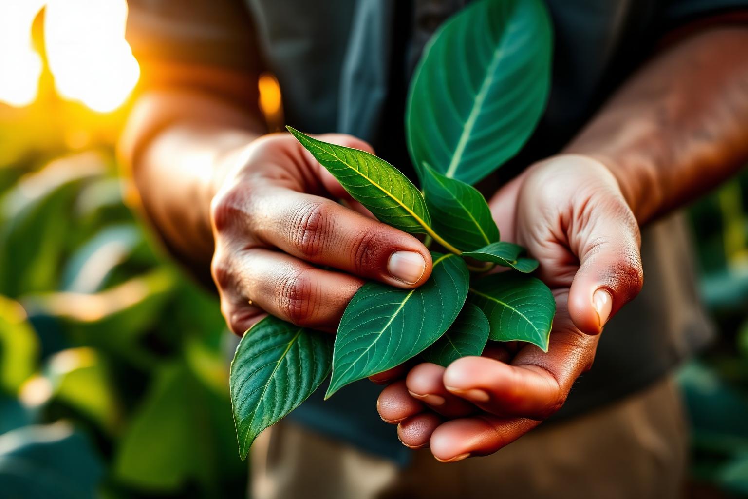 Thai farmer inspecting fresh kratom leaves at sunrise